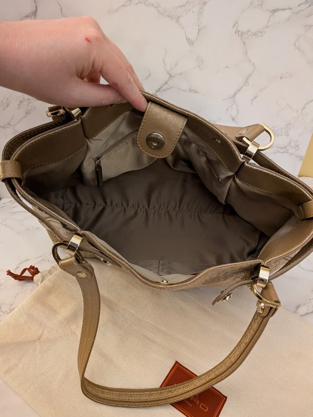 Etro Taupe Paisley-Embossed Leather Shoulder Bag With Dust Bag